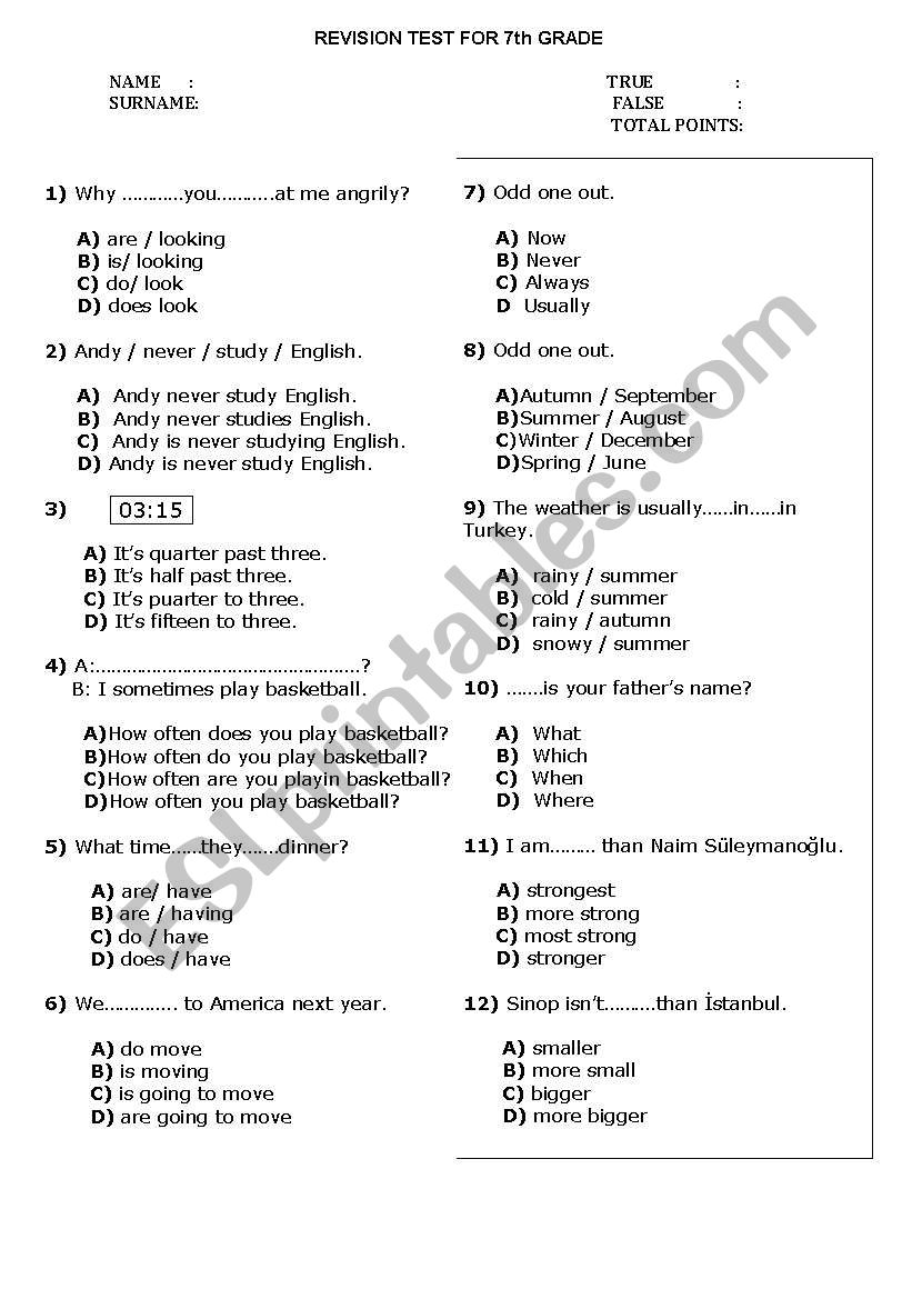 revision test for 7th grade worksheet