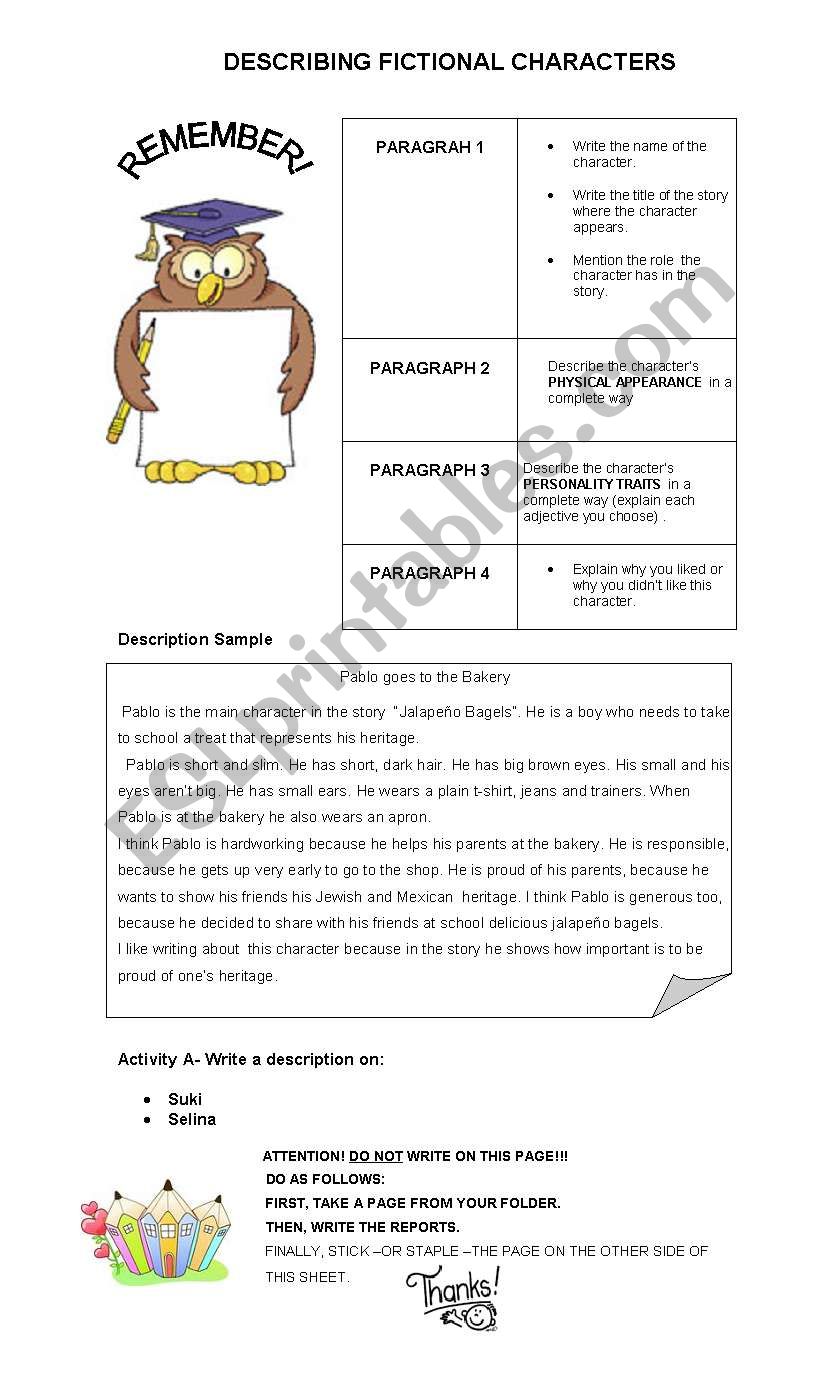 DESCRIBING CHARACTERS -  WRITING SAMPLE - EDITABLE