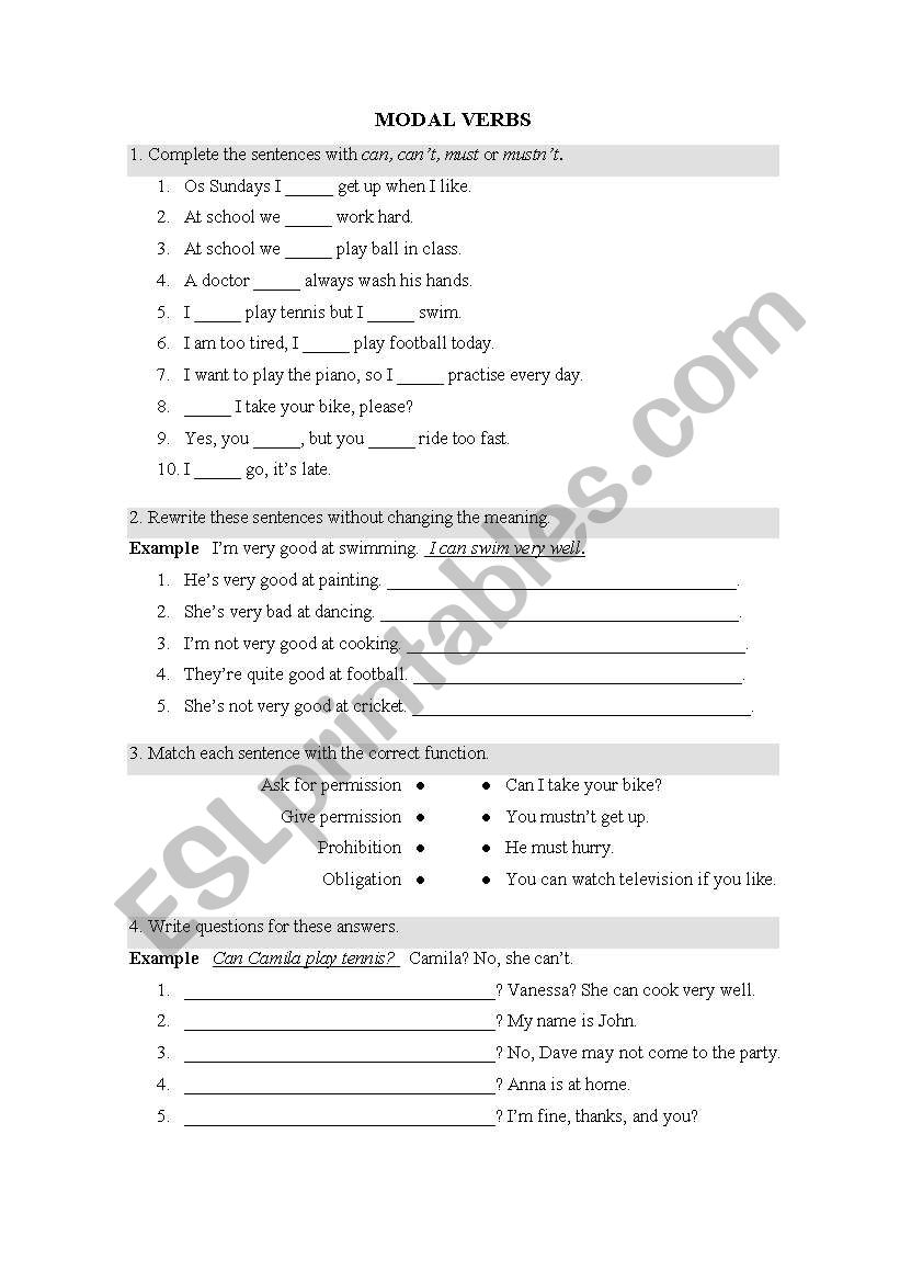 Revision + Modal verbs: Mostly can and cant.