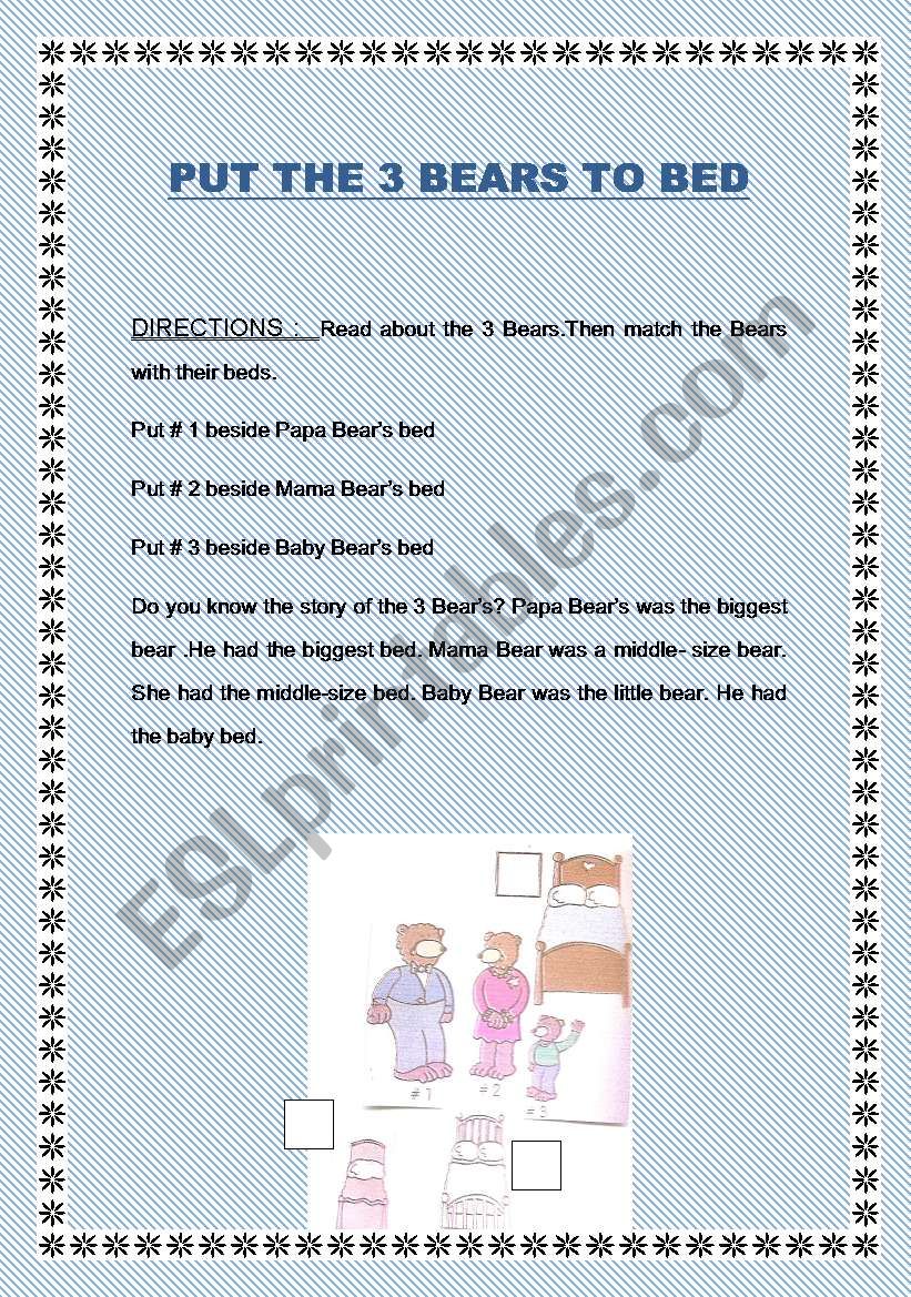 Put the 3 Bears to bed 1 worksheet