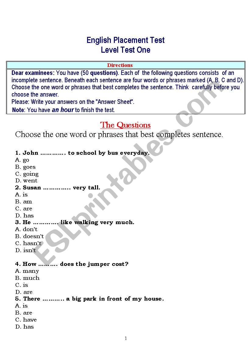 Placement Test worksheet