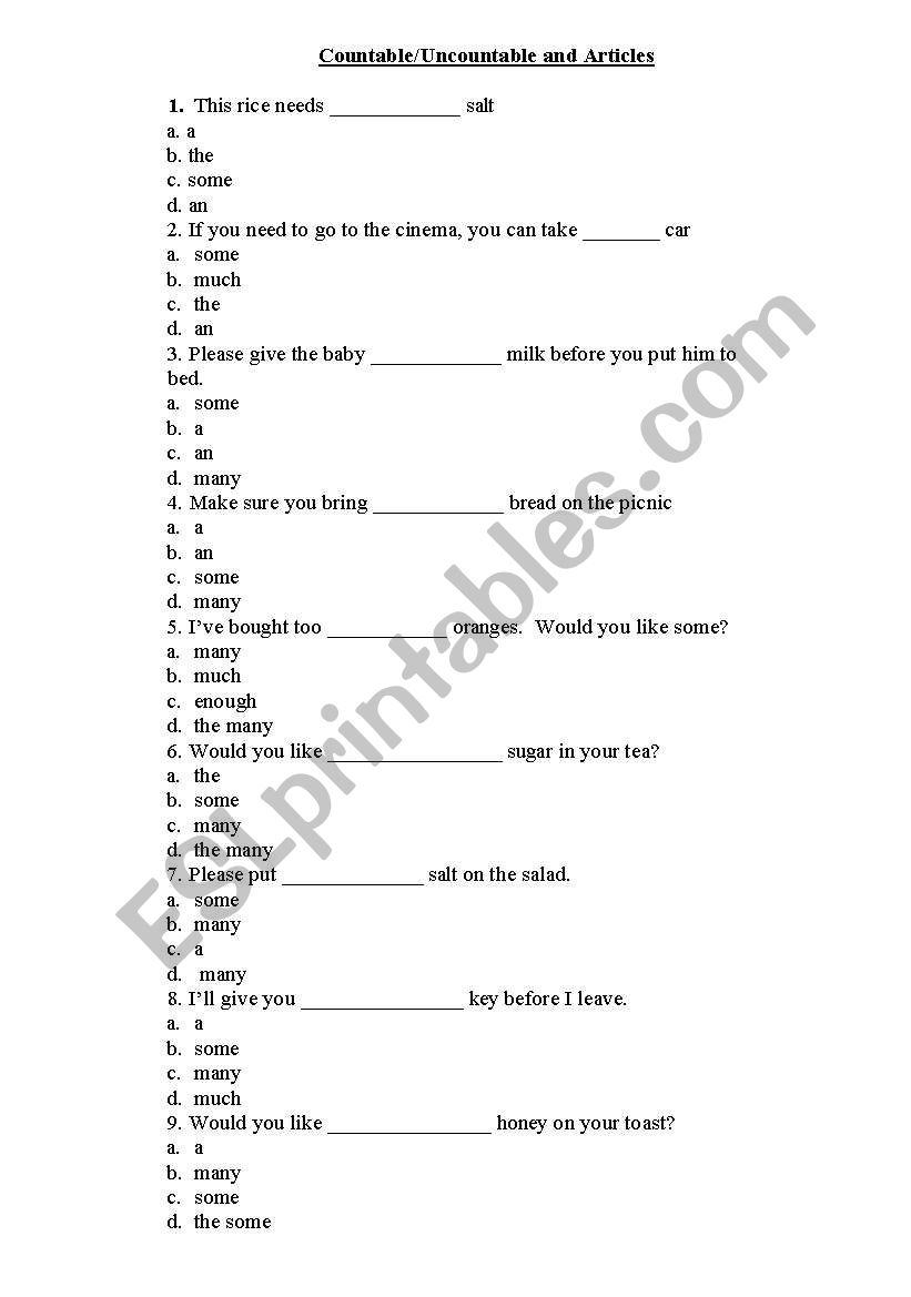 Articles with countable and uncountable nouns