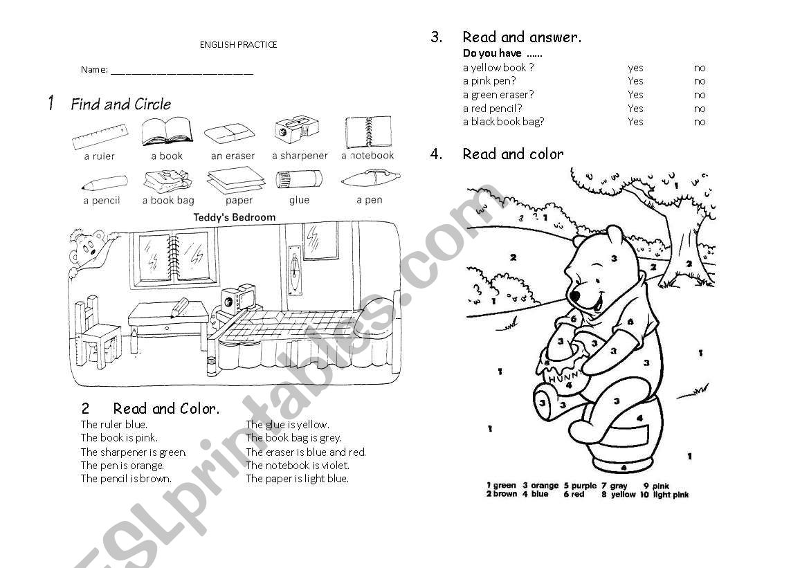 Schools supplies and colors worksheet