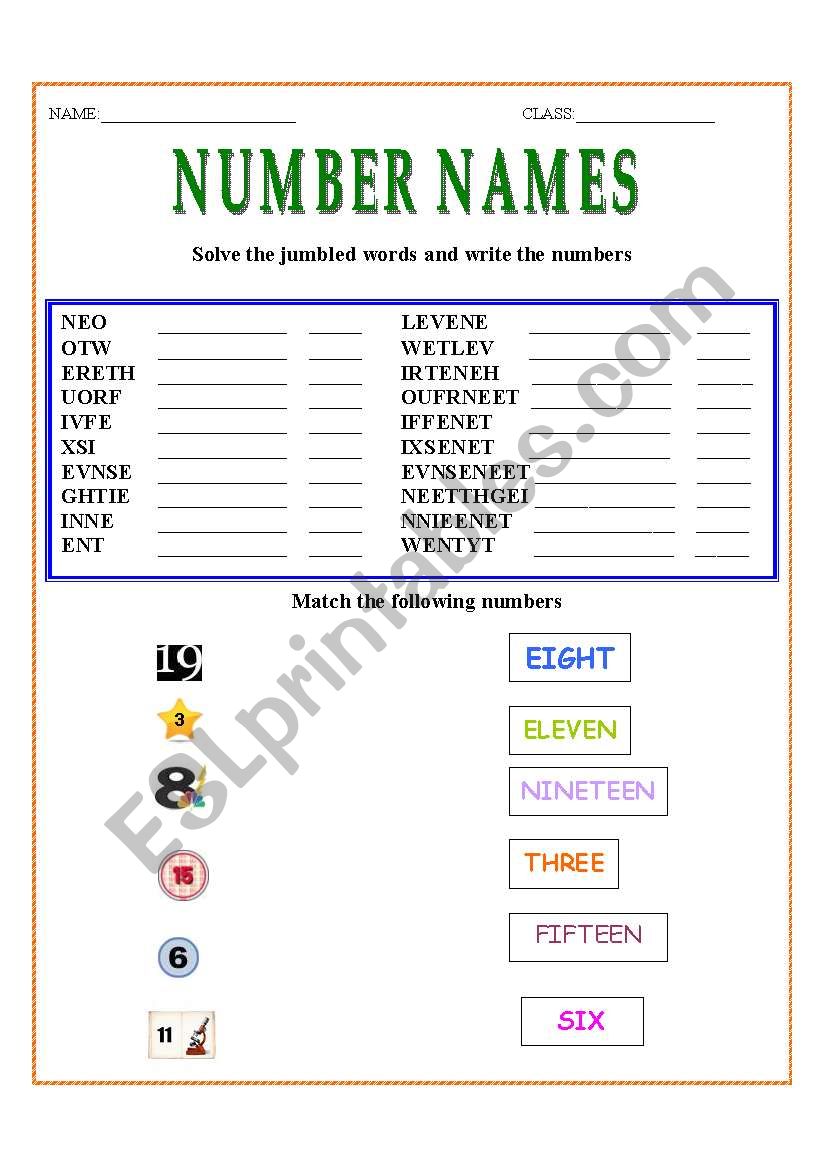 NUMBER NAMES worksheet