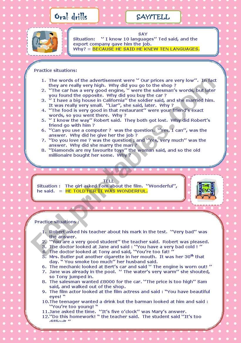 Oral drills - say/tell worksheet