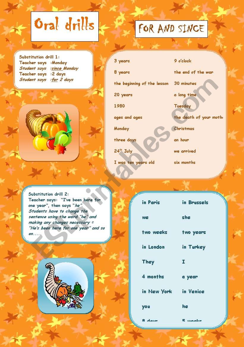 Oral drills for/since worksheet