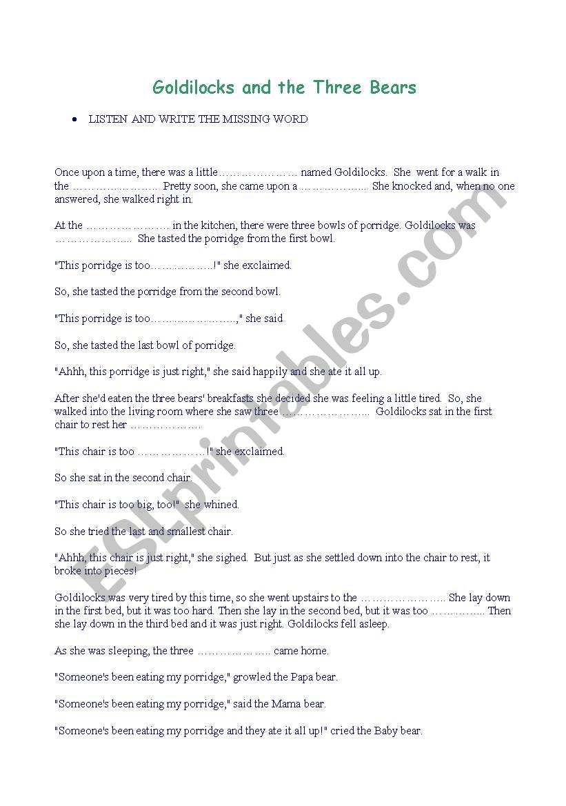 GOLDILOCKS worksheet