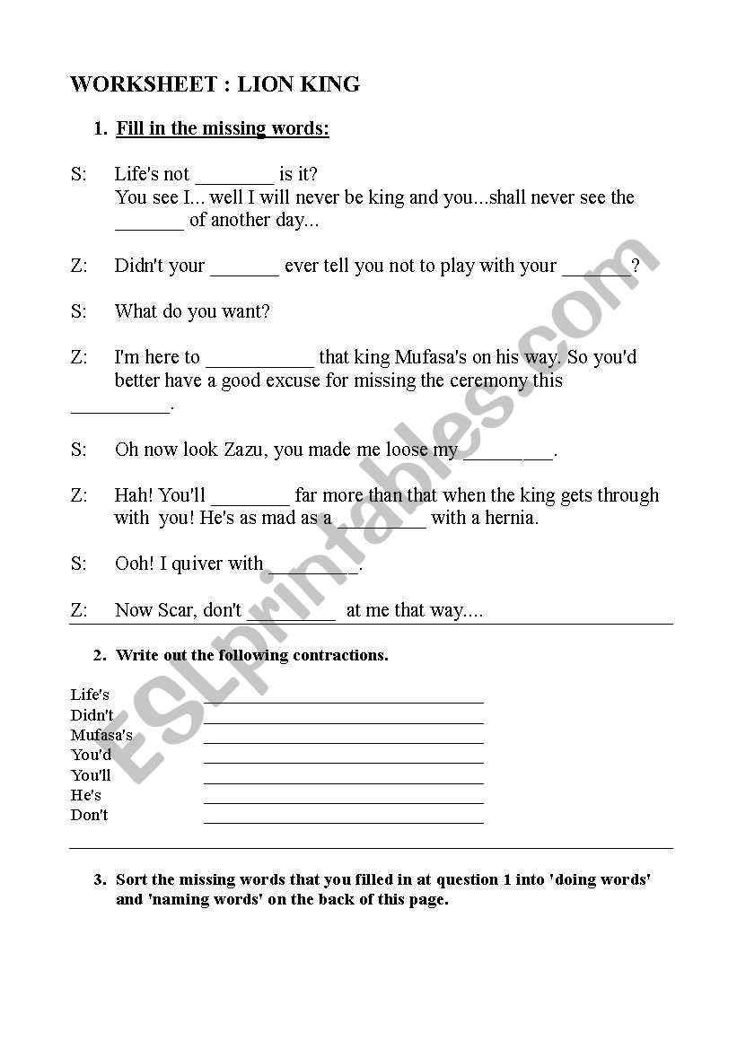 Lion King Worksheet worksheet