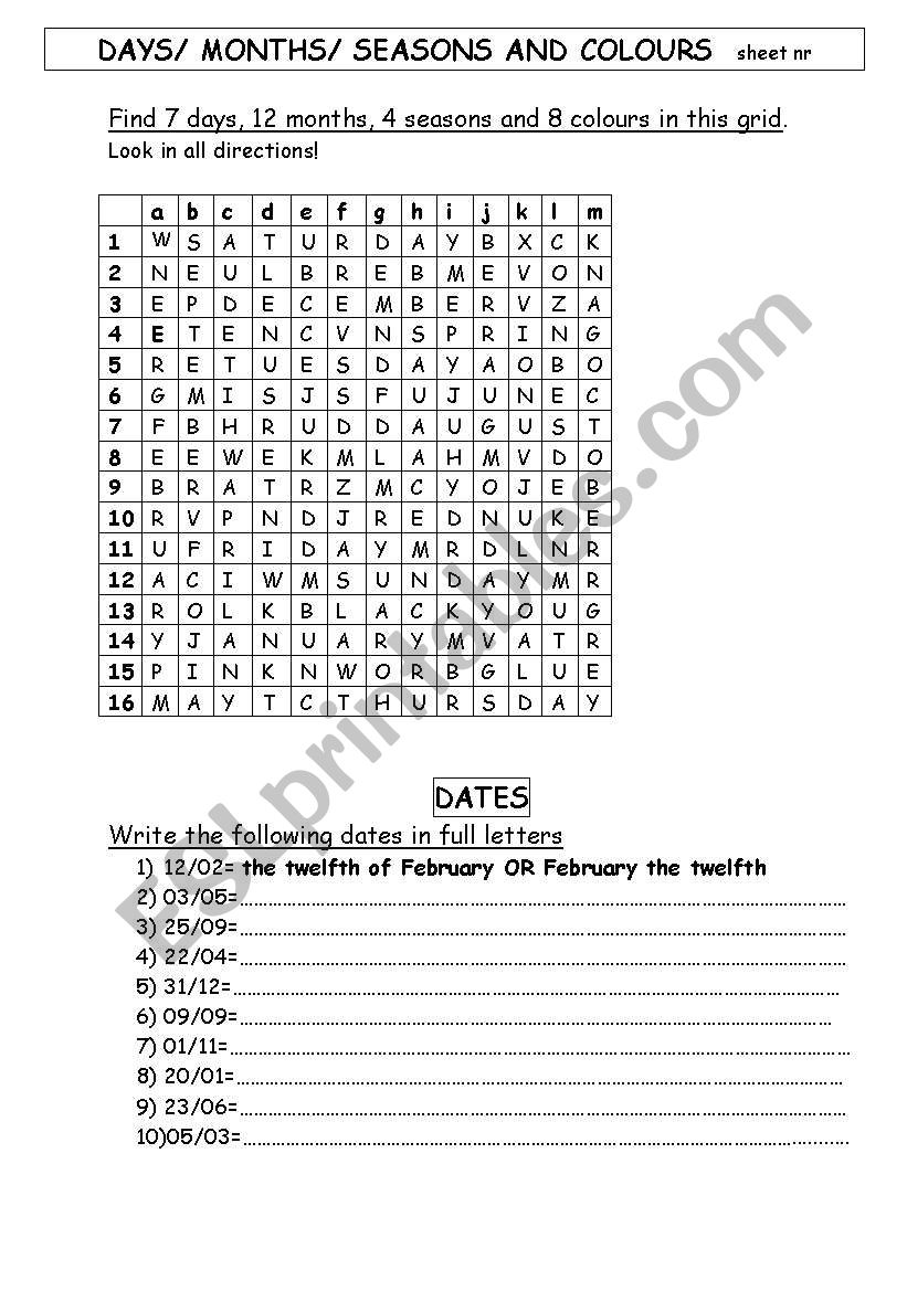 Days, months, seasons, colours and dates:exercises