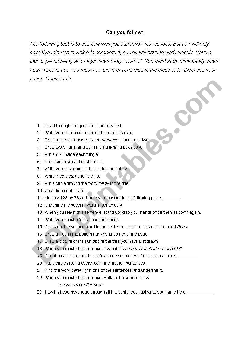Can you follow instructions, reading exercise with a lot of fun...