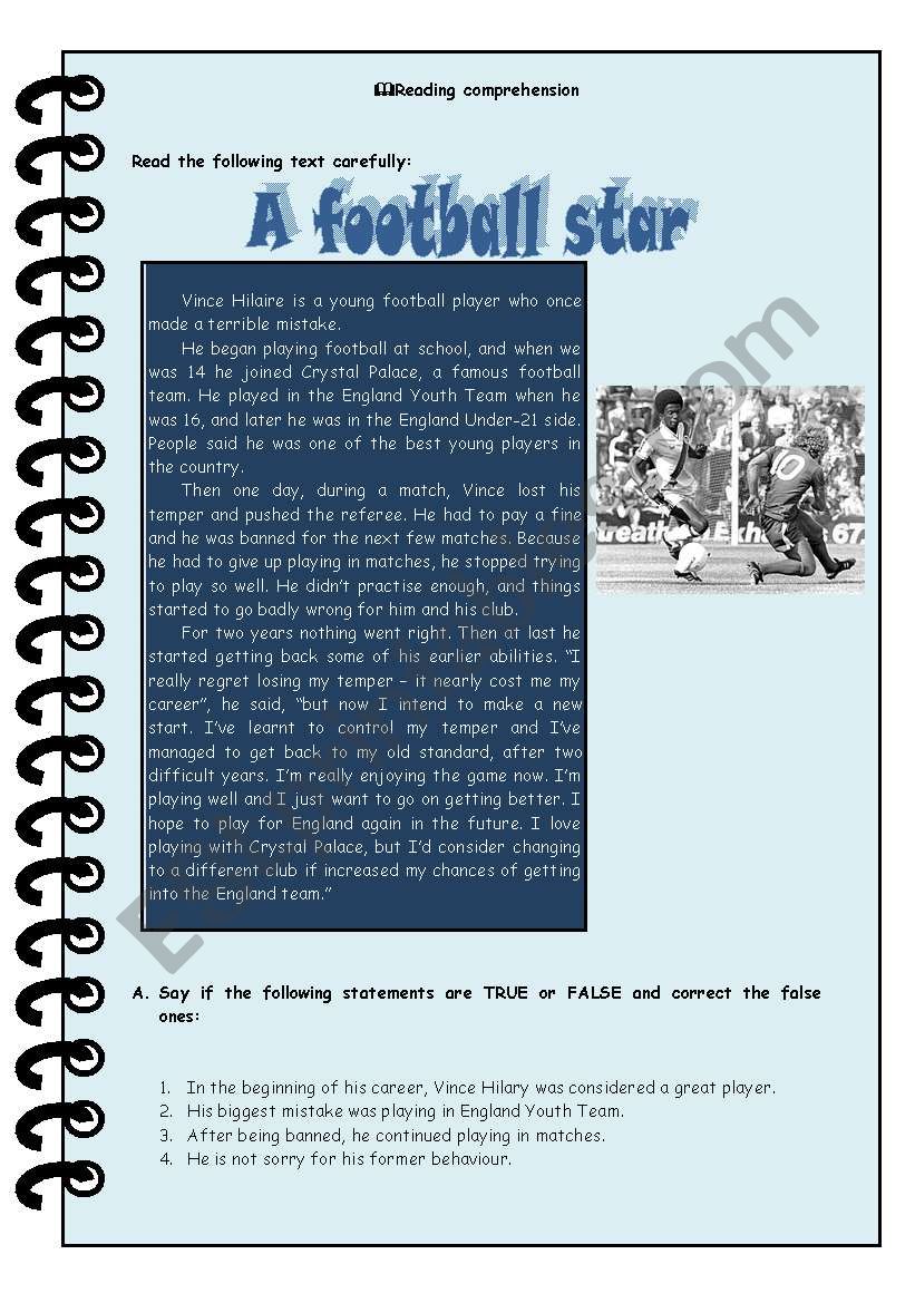 Test - a football star worksheet