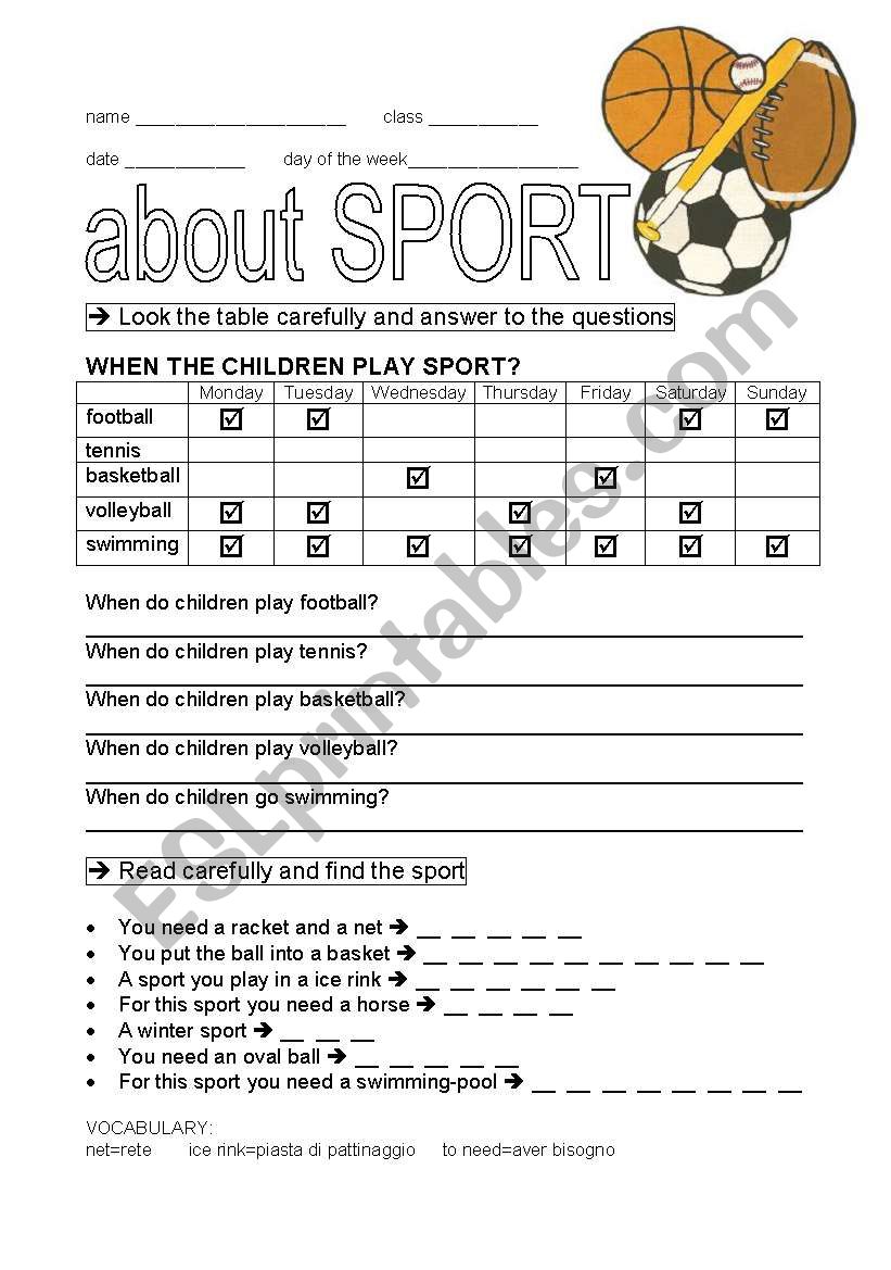 about sport worksheet