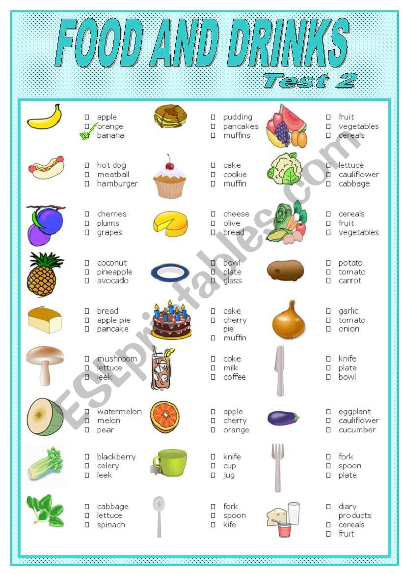 FOOD AND DRINKS    TEST-2 worksheet