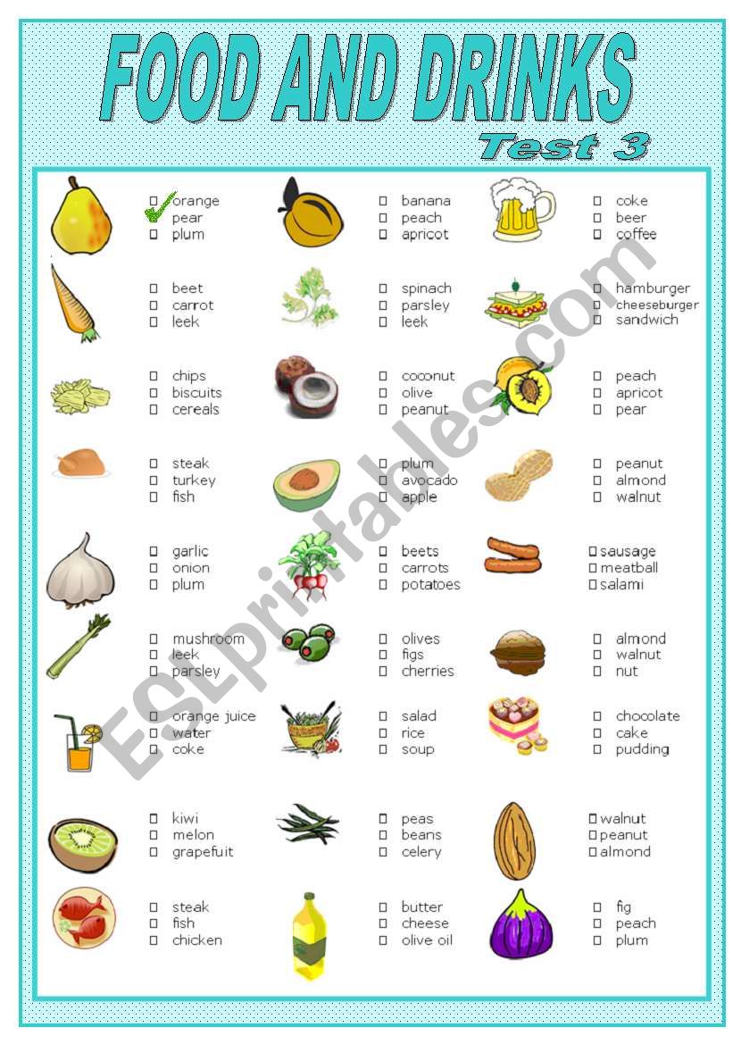 FOOD AND DRINKS    TEST-3 worksheet