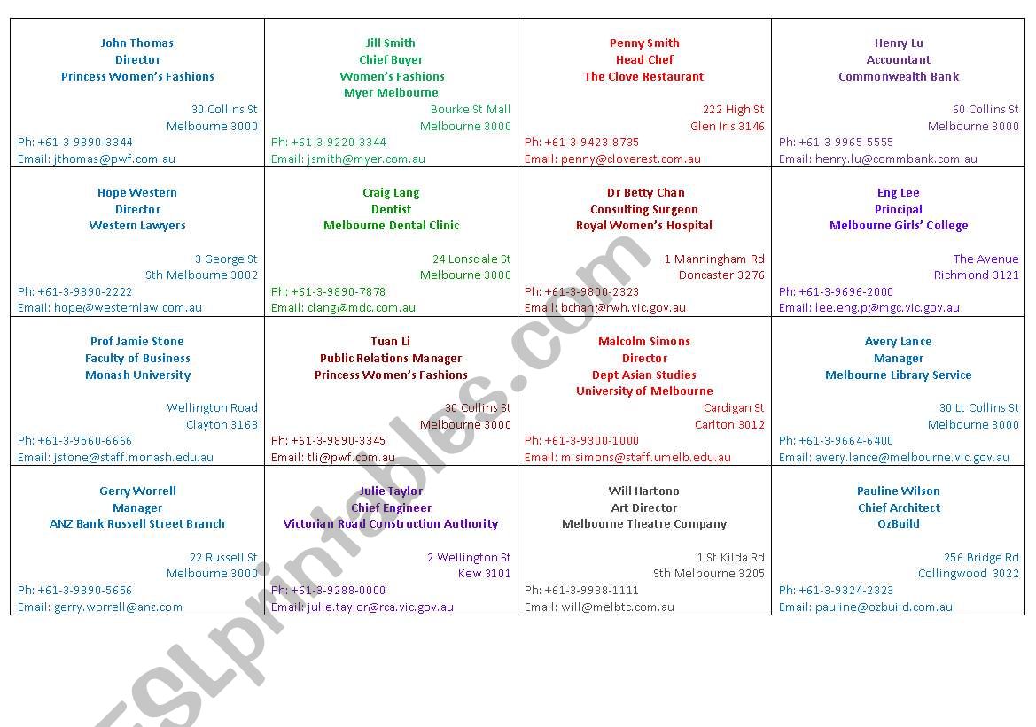 Occupations - business cards worksheet