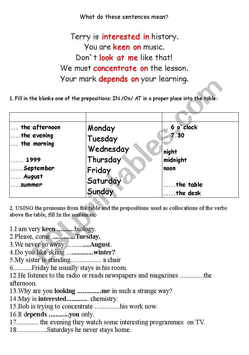 prepositions IN AT ON worksheet
