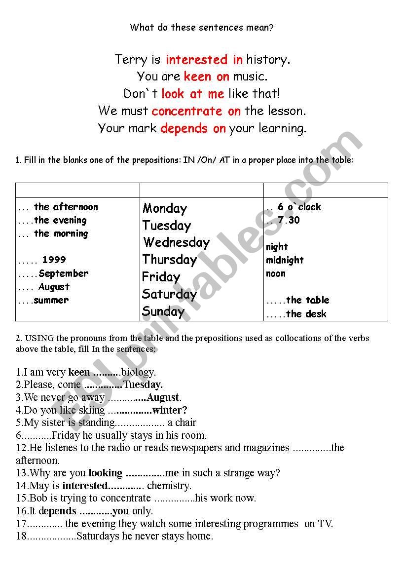 prepositions IN AT ON worksheet