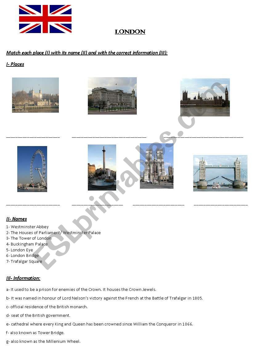 London places and monuments worksheet