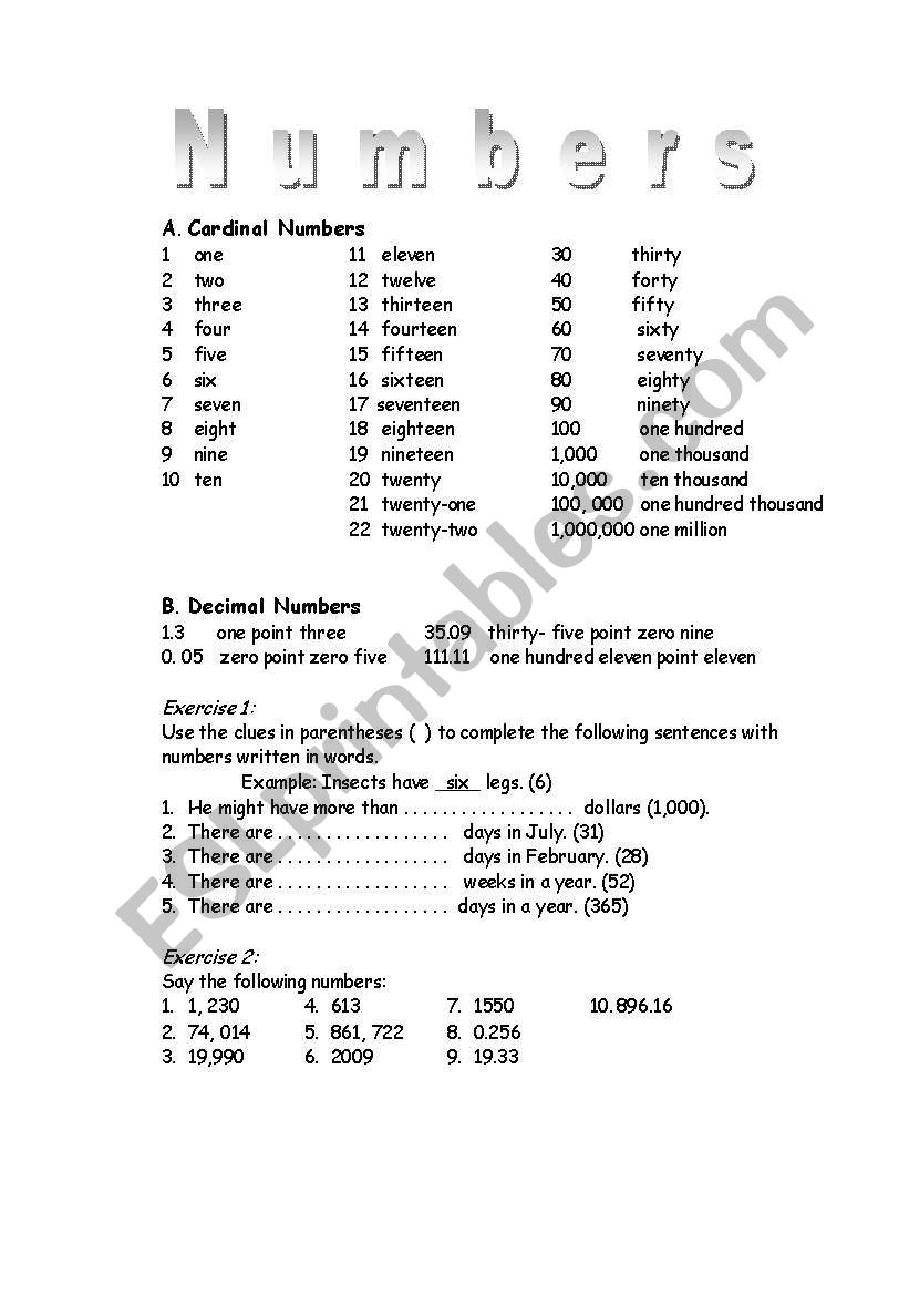 numbers worksheet