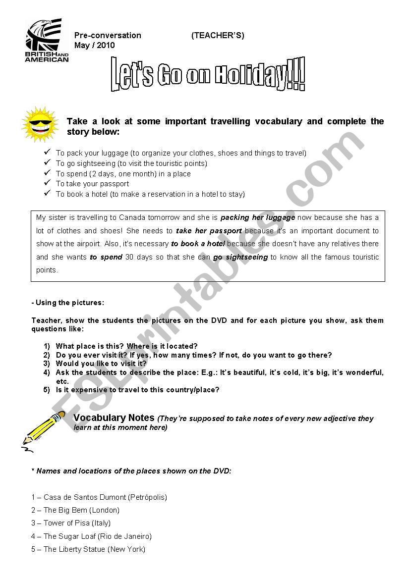 Conversation class about Travelling and Going on Holiday (Teachers guide)