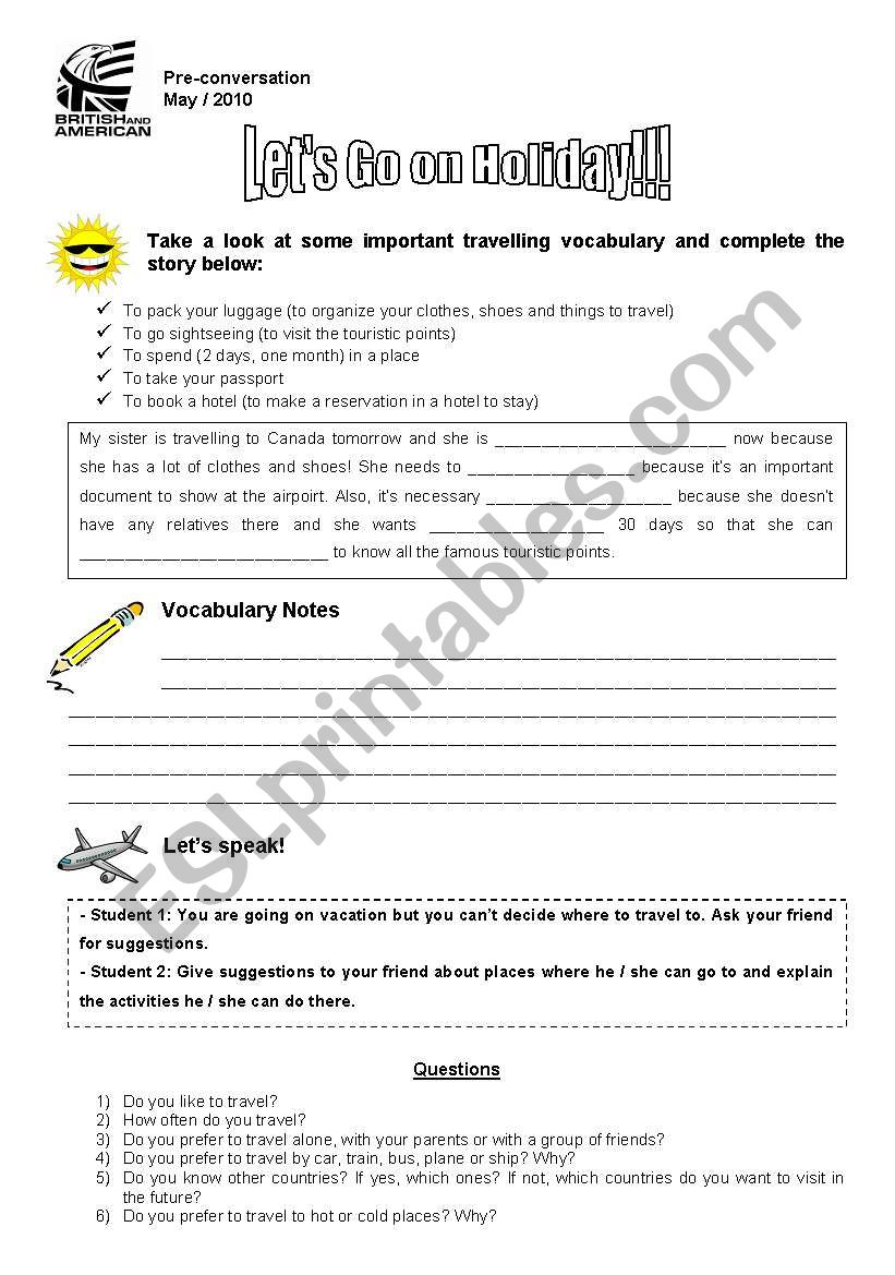 Conversation class about Travelling and Going on Holiday (Students copy)