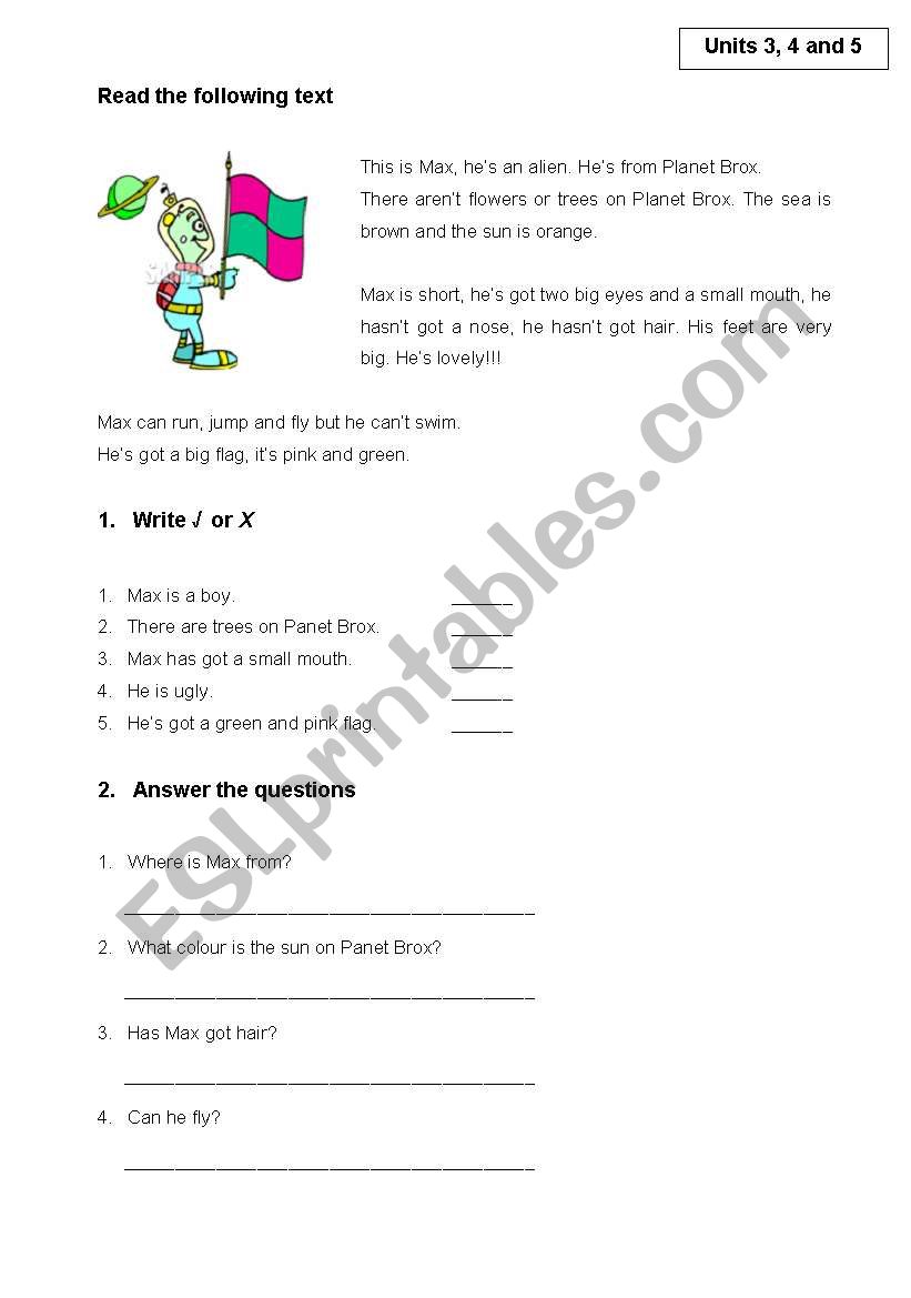 Read about an alien and a boy worksheet
