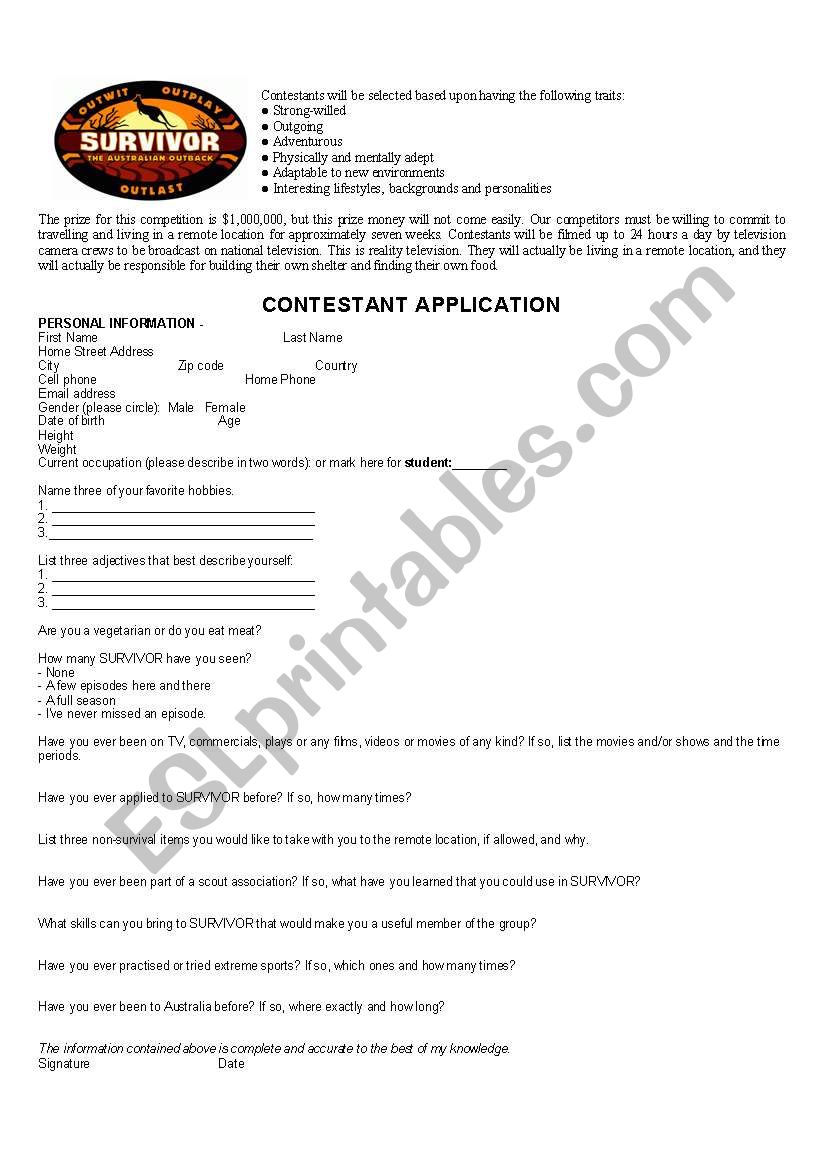 survivor application form worksheet