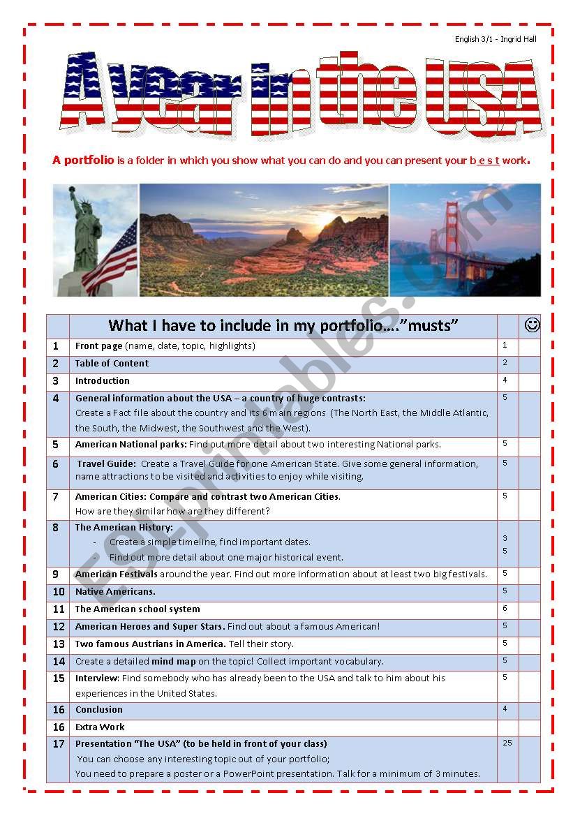 A year in the USA worksheet