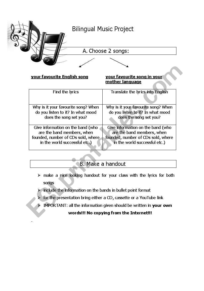 Bilingual Music Project worksheet