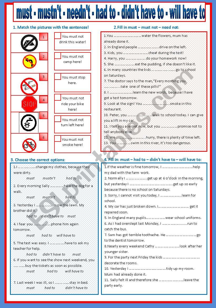 Englisch übungen Klasse 5 Mustn T Needn T must-mustn´t-needn´t-had to-didn´t have to - will have to - ESL