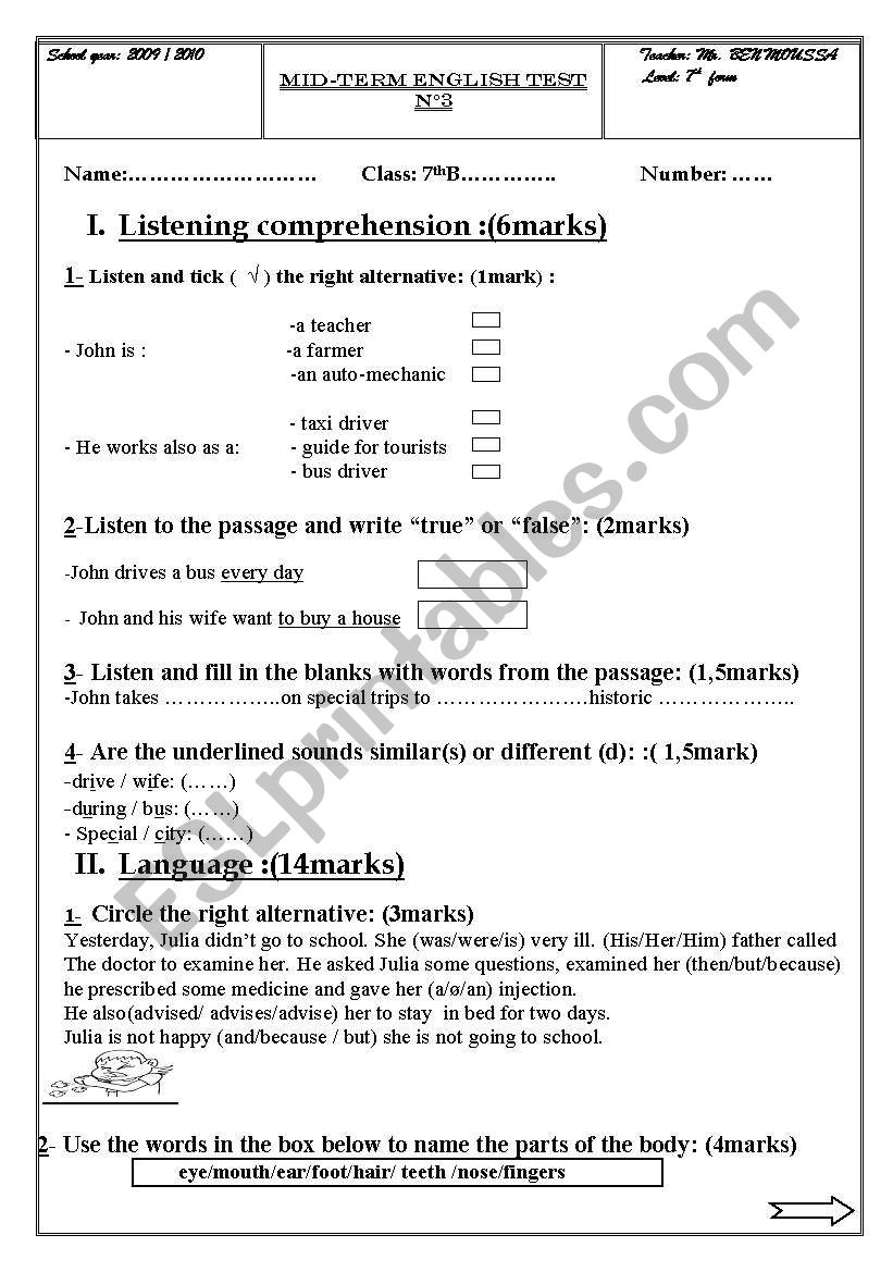 7 th year mid term test no3 for Tunisian pupils