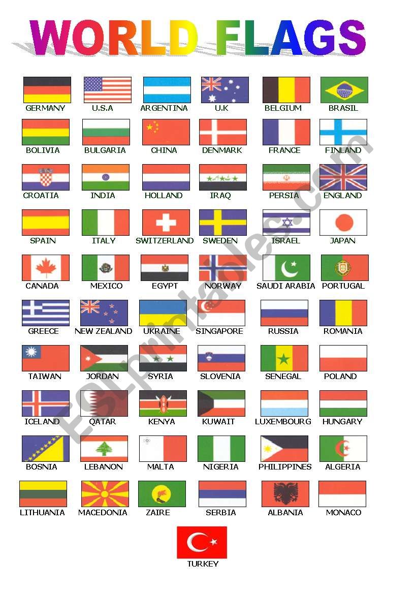 World Flags (for class board) - ESL worksheet by UgiTeacher