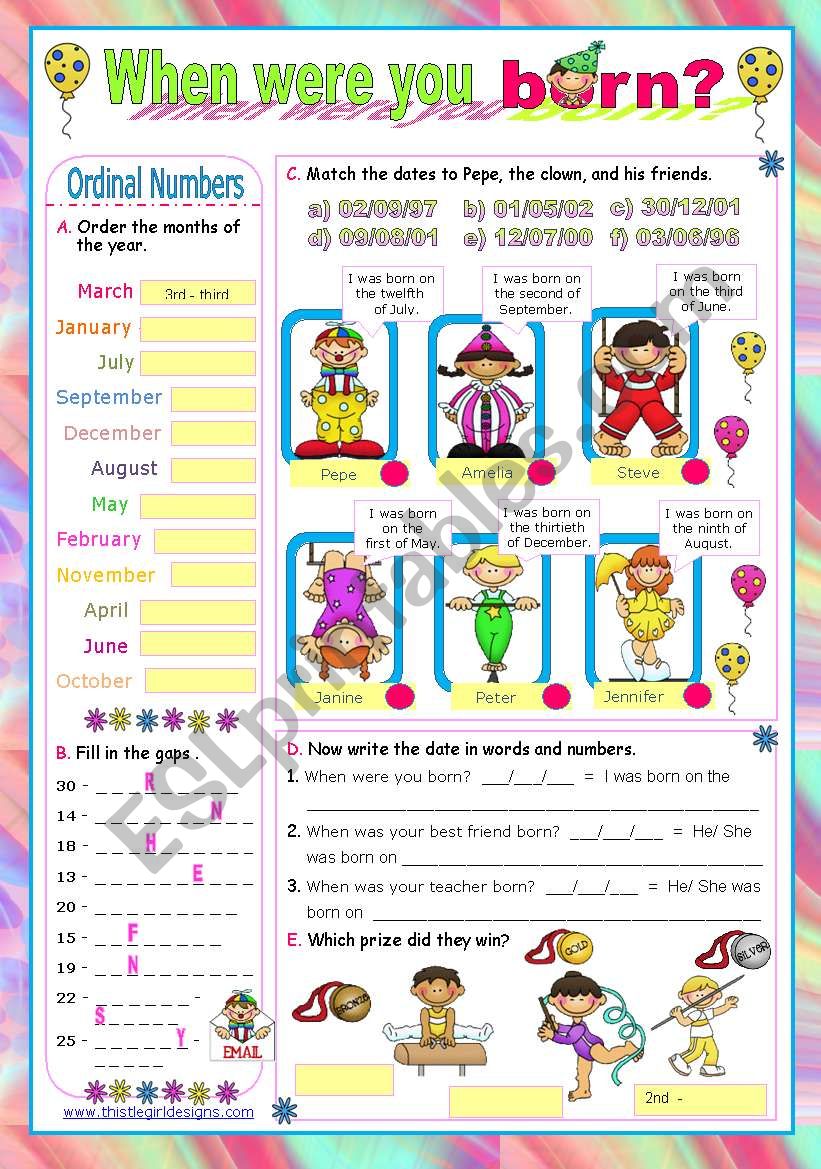 Dates Ordinal Numbers When Were You Born 2 ESL Worksheet By Mena22