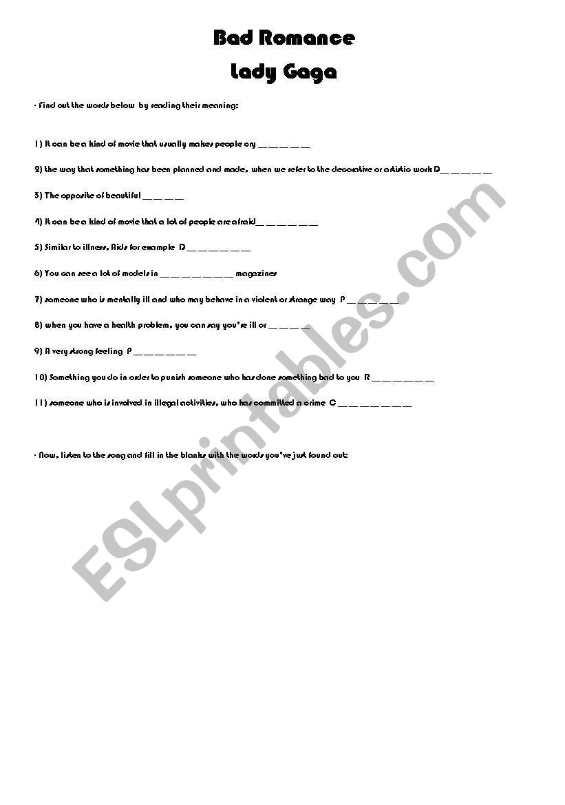 Bad Romance 1 worksheet