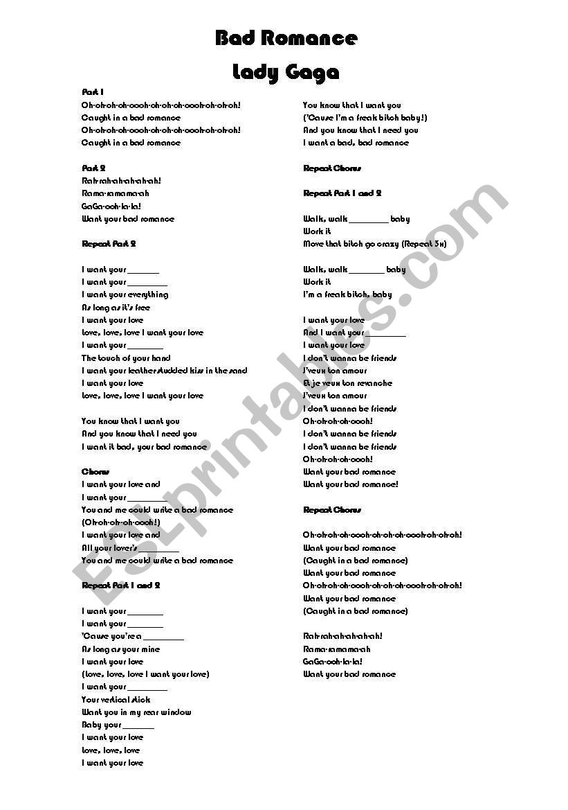 Bad Romance 2 worksheet