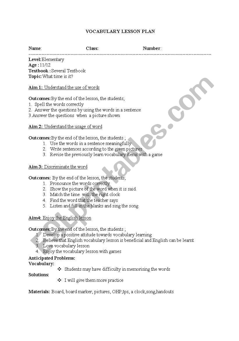 Lesson plan for teaching time worksheet