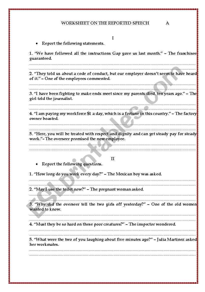 Worksheet about the reported speech, version A