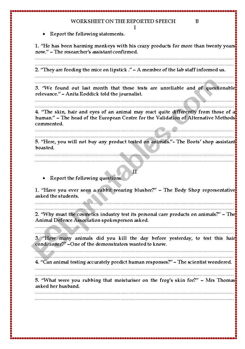 Worksheet about the reported speech, version B