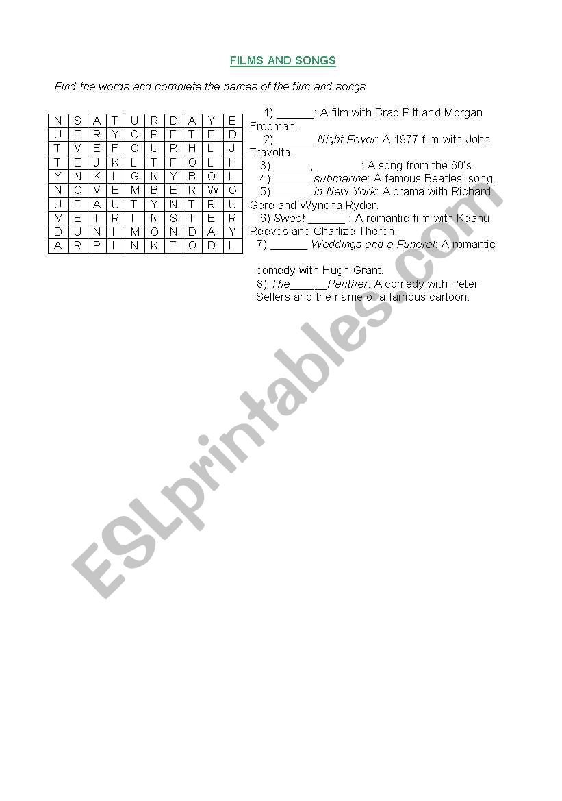 Films and songs wordsearch worksheet