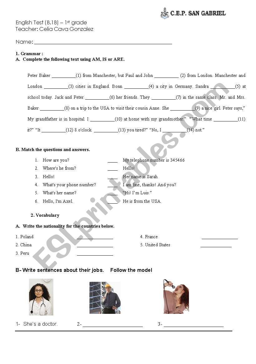 1st grade test worksheet