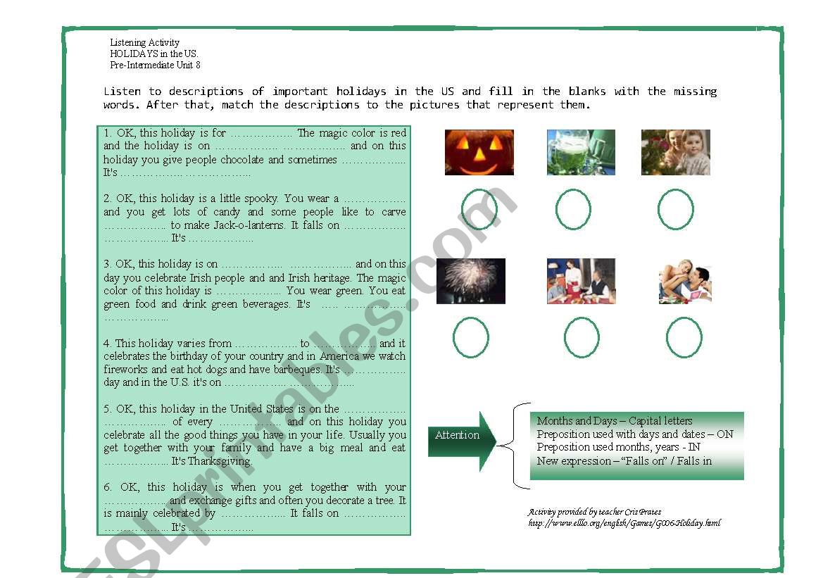 Listening activity - Holidays in the U.S.