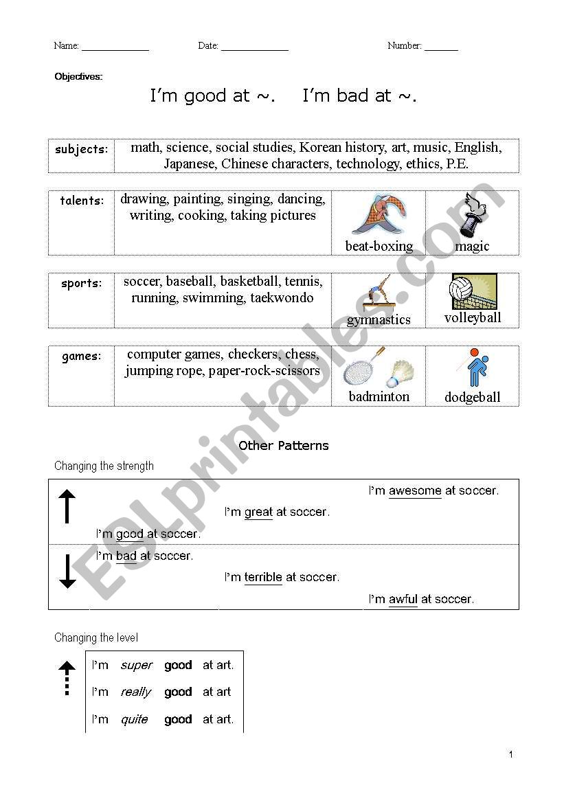 good at, bad at worksheet