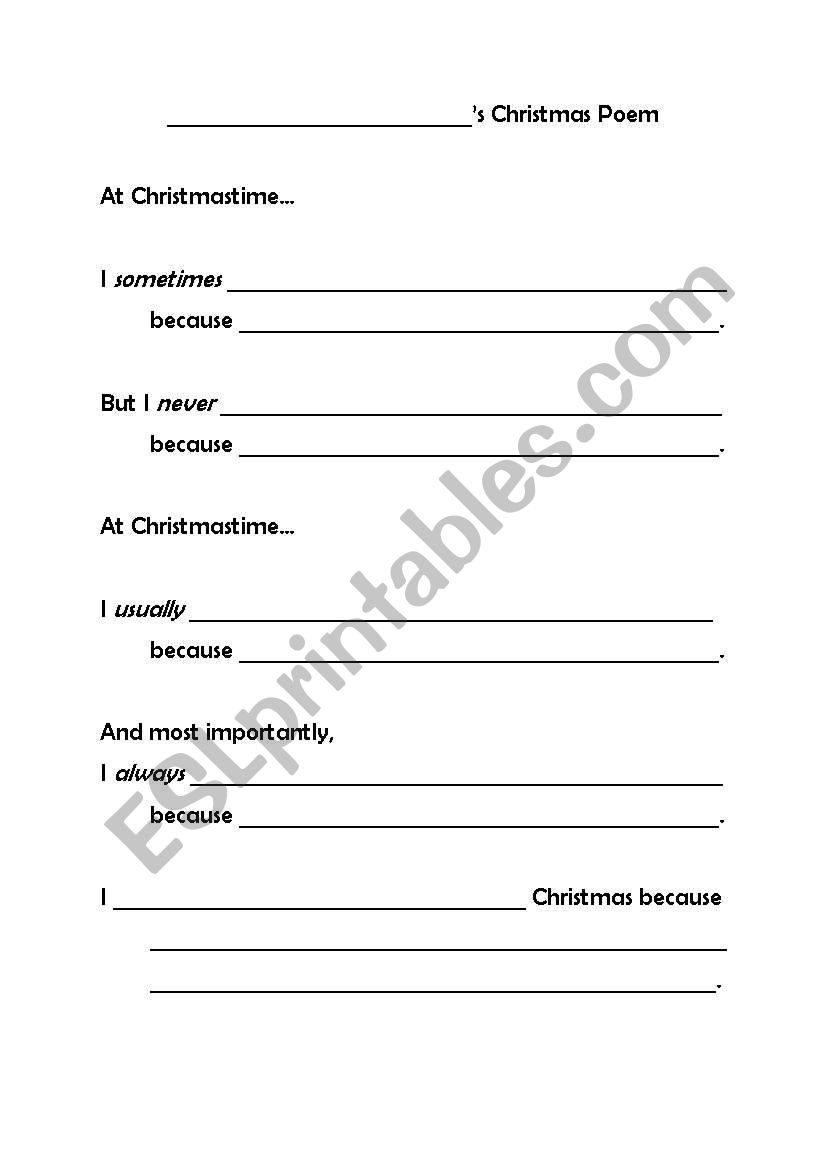 Adverb Christmas Poem worksheet
