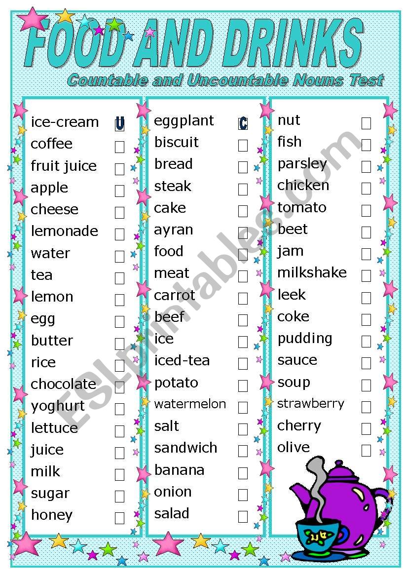 FOOD AND DRINKS - COUNTABLE AND UNCOUNTABLE TEST (editable)