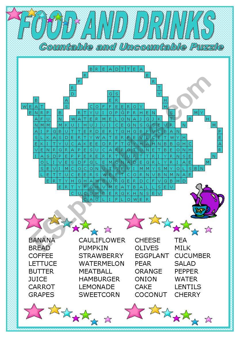 FOOD AND DRINKS - SOME COUNTABLE AND UNCOUNTABLE NOUNS PUZZLE (editable)