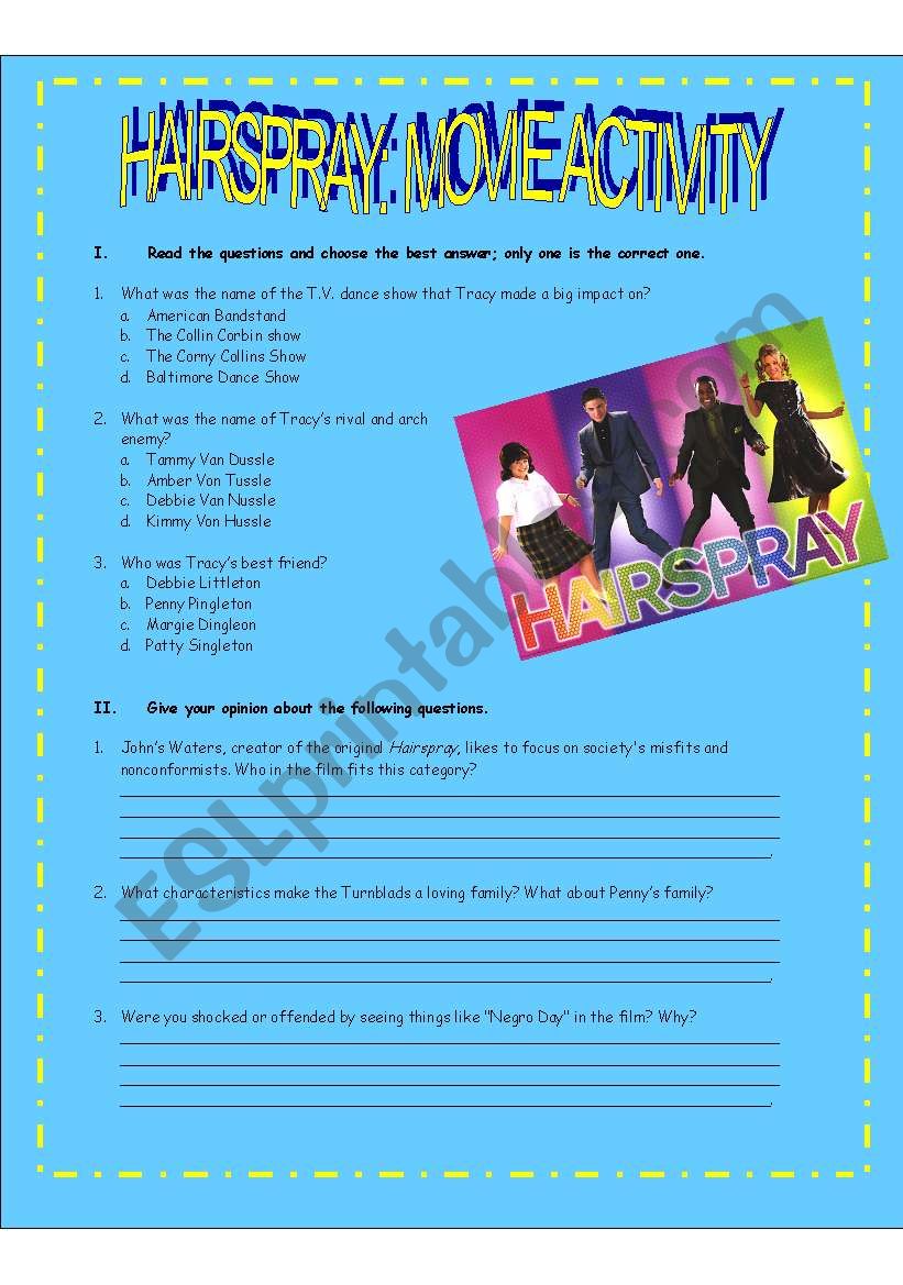 HAIRSPRAY: MOVIE ACTIVITY worksheet