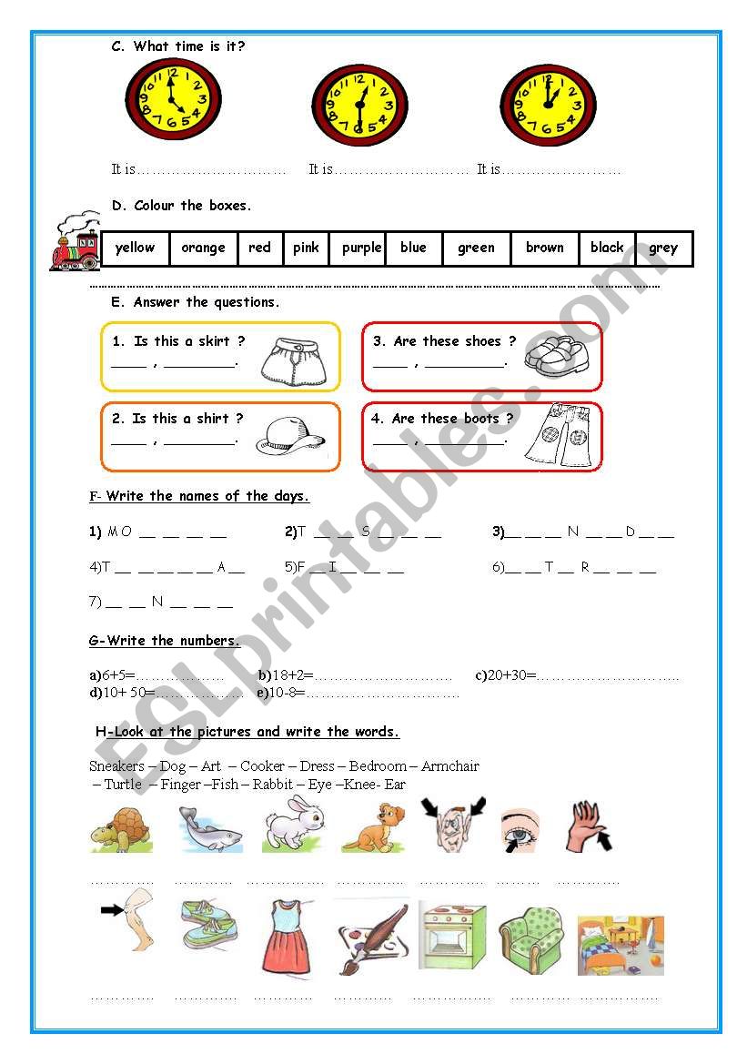 A good worksheet for revision or evaluation. (clothes, animals, time, colours, numbers, days of the week, body parts...) 