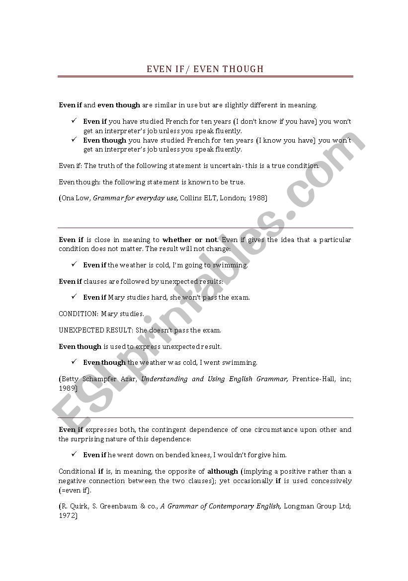 Even if, even though worksheet