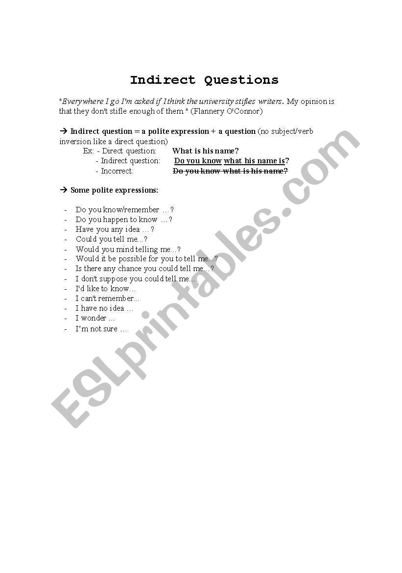 Indirect questions worksheet