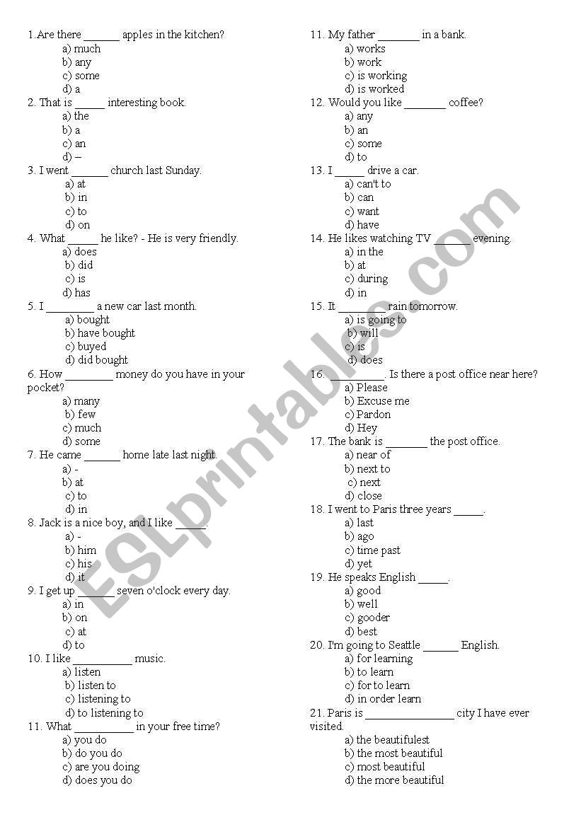 Test for beginners worksheet